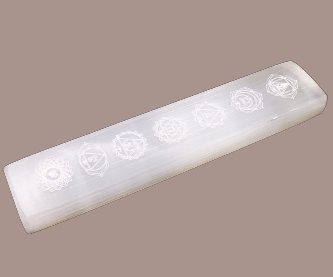 Selenite Ingot With Etched Chakra Symbols