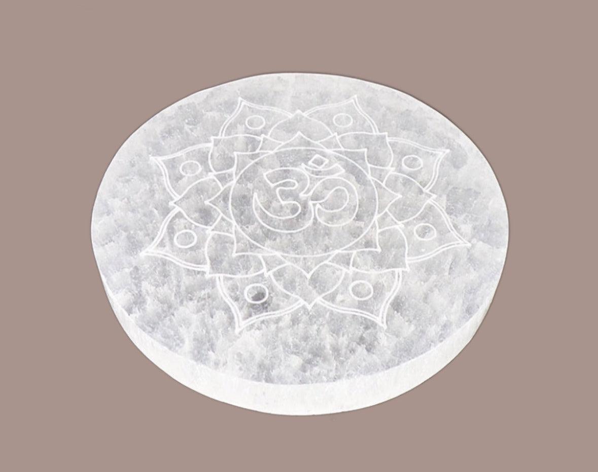 Selenite ‘Omm’ Symbol & Mandala Round Disc