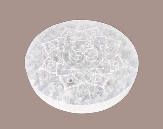 Selenite ‘Omm’ Symbol & Mandala Round Disc