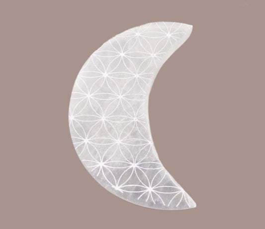 Selenite Polished FOL Engraved Moon